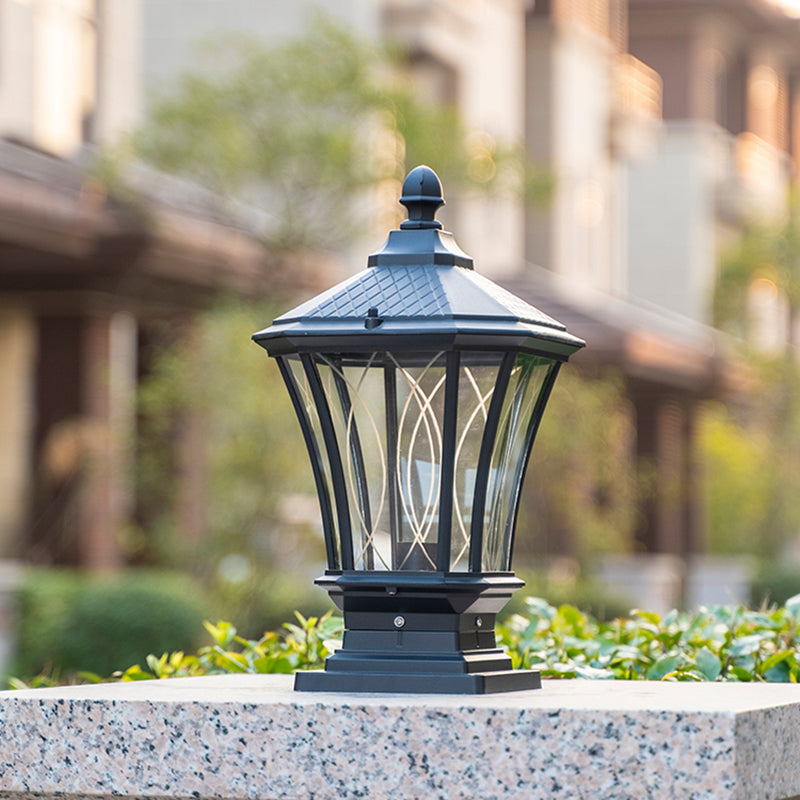 Metal Rectangular Shape Solar Pillar Lamp Modern 1-Light Outdoor Light in Black