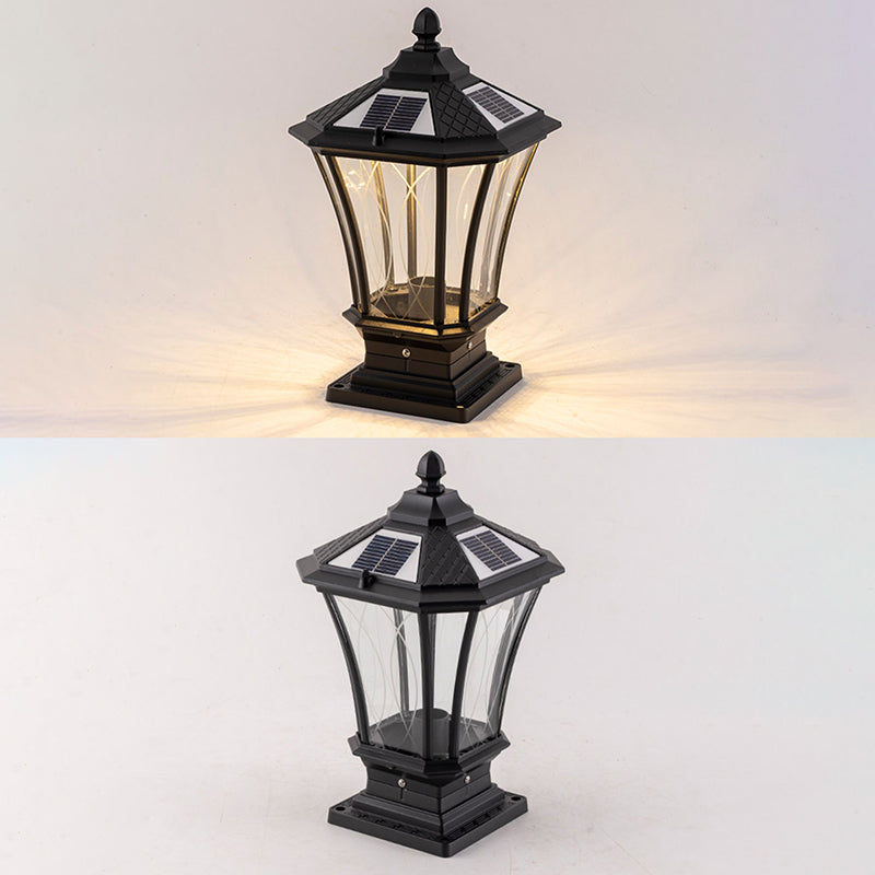 Metal Rectangular Shape Solar Pillar Lamp Modern 1-Light Outdoor Light in Black