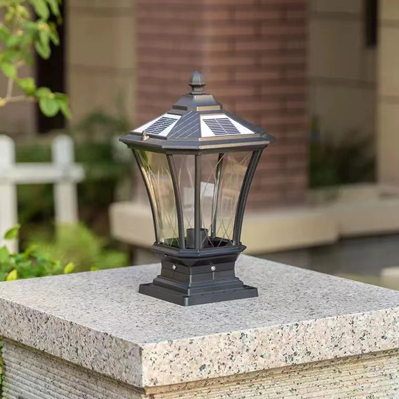 Metal Rectangular Shape Solar Pillar Lamp Modern 1-Light Outdoor Light in Black
