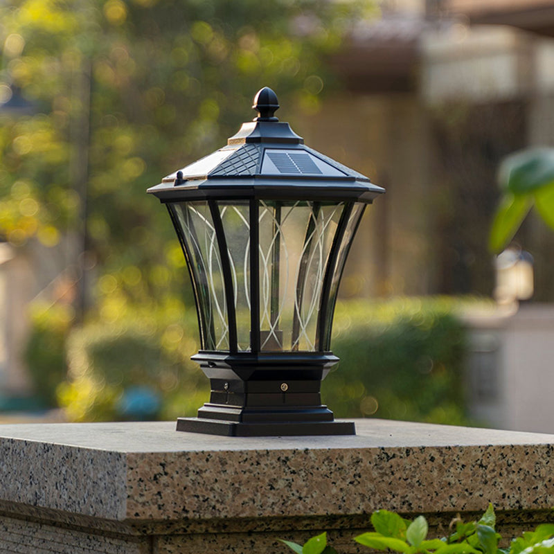Metal Rectangular Shape Solar Pillar Lamp Modern 1-Light Outdoor Light in Black