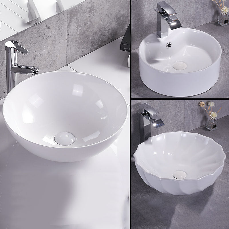 Bathroom Sink White Ceramic Faucet Single Handle Round Shape Sink