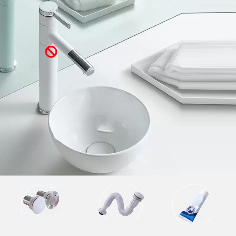 Bathroom Sink White Ceramic Faucet Single Handle Round Shape Sink