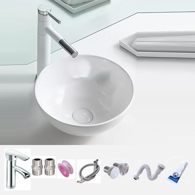 Bathroom Sink White Ceramic Faucet Single Handle Round Shape Sink