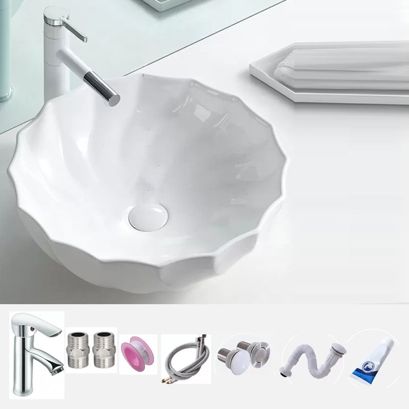 Bathroom Sink White Ceramic Faucet Single Handle Round Shape Sink