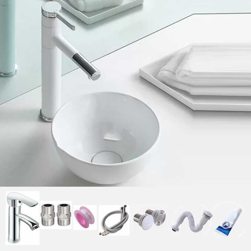 Bathroom Sink White Ceramic Faucet Single Handle Round Shape Sink