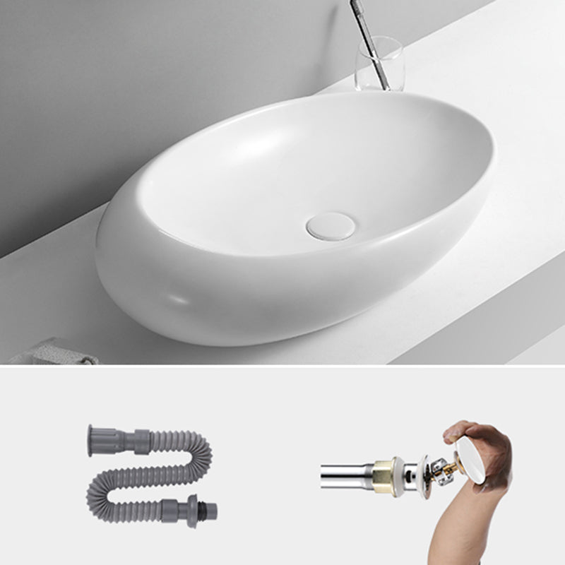 Contemporary Bathroom Sink with Pop-Up Drain Porcelain Oval-Shape Vessel Lavatory Sink