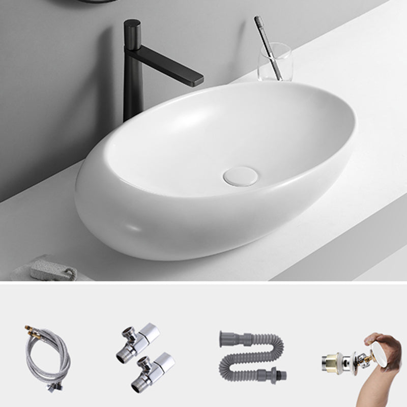 Contemporary Bathroom Sink with Pop-Up Drain Porcelain Oval-Shape Vessel Lavatory Sink