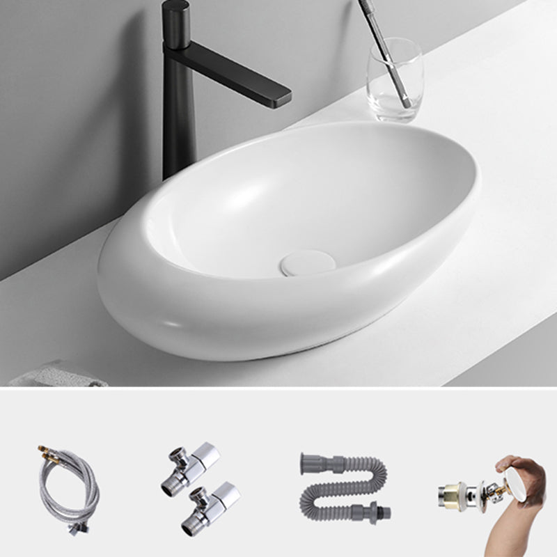 Contemporary Bathroom Sink with Pop-Up Drain Porcelain Oval-Shape Vessel Lavatory Sink