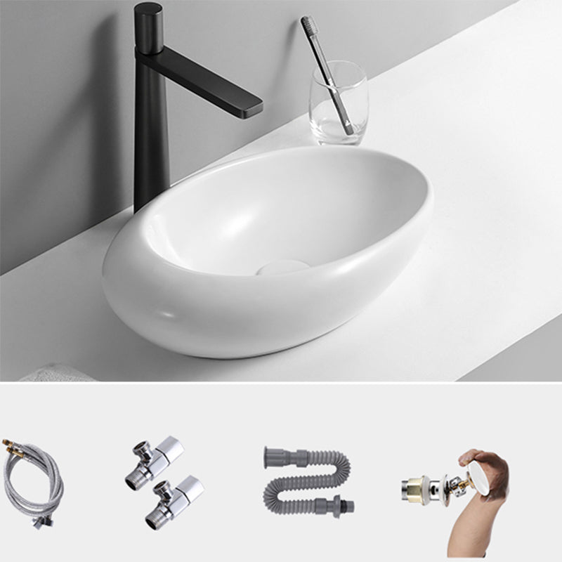 Contemporary Bathroom Sink with Pop-Up Drain Porcelain Oval-Shape Vessel Lavatory Sink