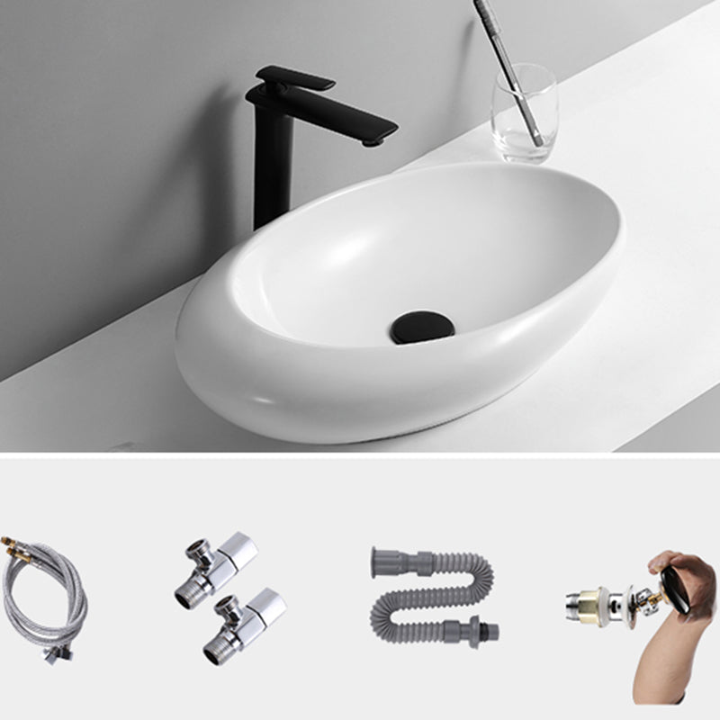 Contemporary Bathroom Sink with Pop-Up Drain Porcelain Oval-Shape Vessel Lavatory Sink