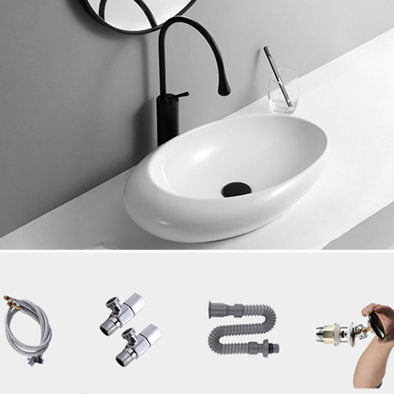 Contemporary Bathroom Sink with Pop-Up Drain Porcelain Oval-Shape Vessel Lavatory Sink