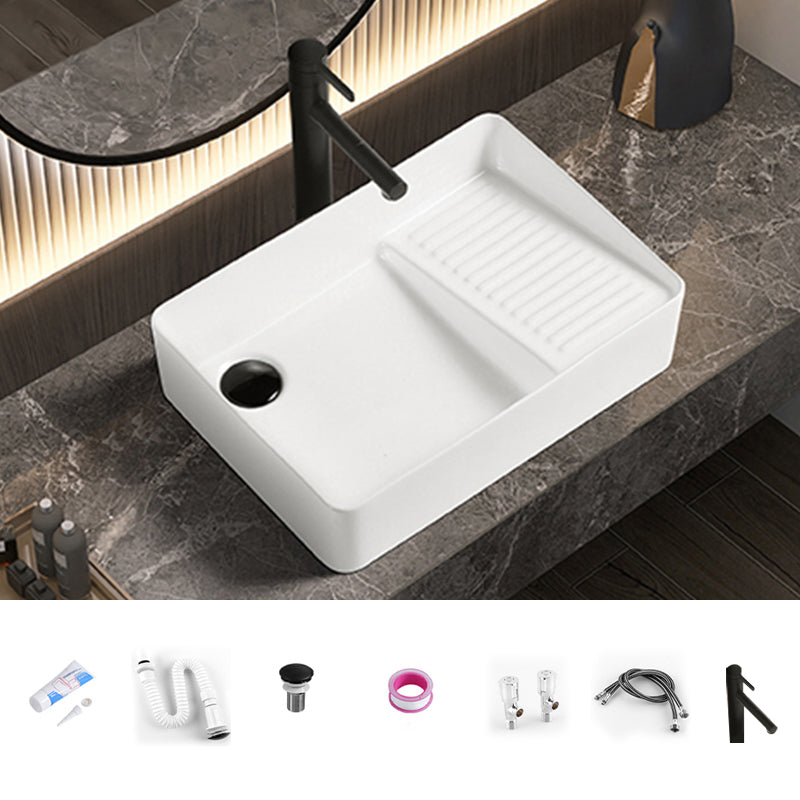 Modern Bathroom Sink Pop-Up Drain Porcelain Solid Color Rectangular Vessel Bathroom Sink