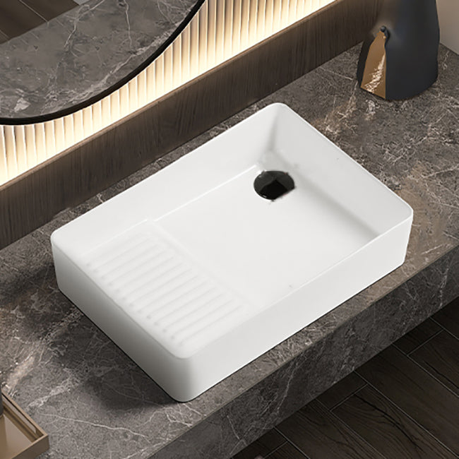 Modern Bathroom Sink Pop-Up Drain Porcelain Solid Color Rectangular Vessel Bathroom Sink