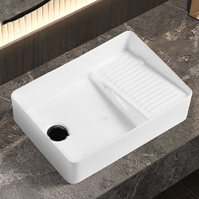 Modern Bathroom Sink Pop-Up Drain Porcelain Solid Color Rectangular Vessel Bathroom Sink