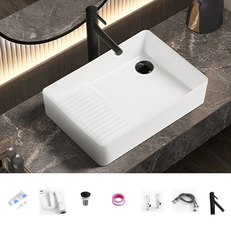 Modern Bathroom Sink Pop-Up Drain Porcelain Solid Color Rectangular Vessel Bathroom Sink