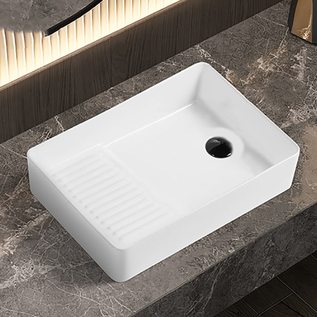 Modern Bathroom Sink Pop-Up Drain Porcelain Solid Color Rectangular Vessel Bathroom Sink