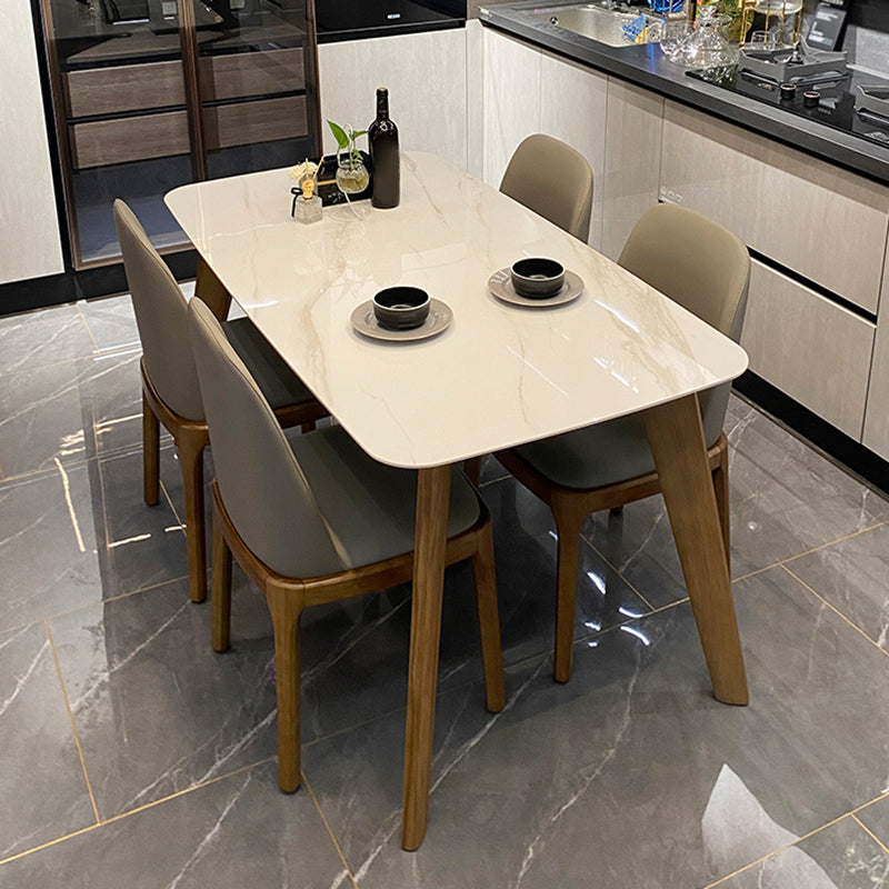 Modern Rectangle Dining Table Sintered Stone Dinner Table with Wooden Legs