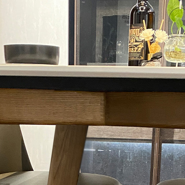 Modern Rectangle Dining Table Sintered Stone Dinner Table with Wooden Legs