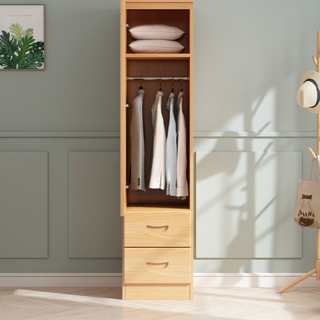Modern Natural Solid Wood Wardrobe Freestanding Wardrobe with Self Close Drawers