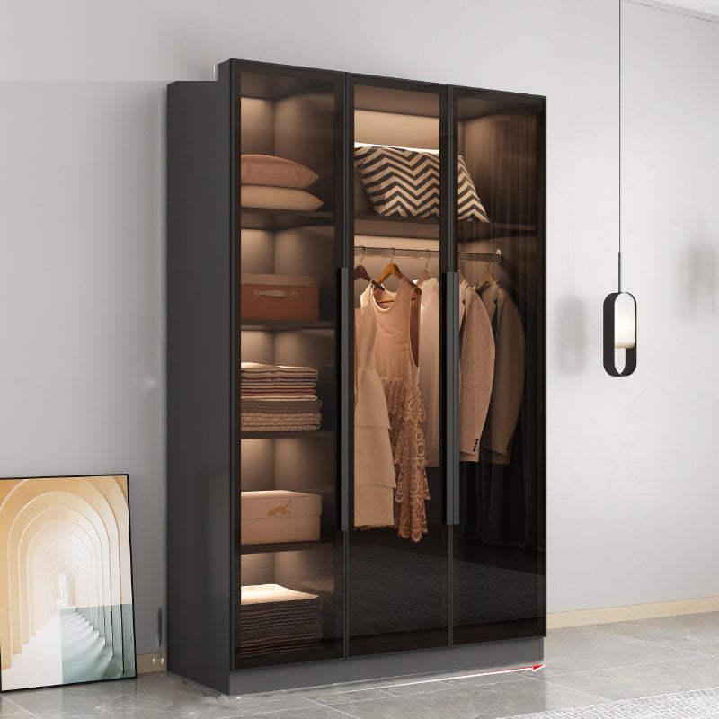 Freestanding Grey Wood Frame Wardrobe Modern Multifunctional Wardrobe with Glass Doors