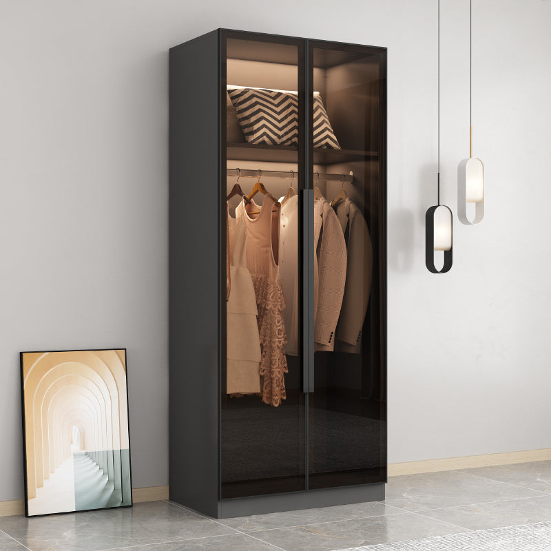Freestanding Grey Wood Frame Wardrobe Modern Multifunctional Wardrobe with Glass Doors