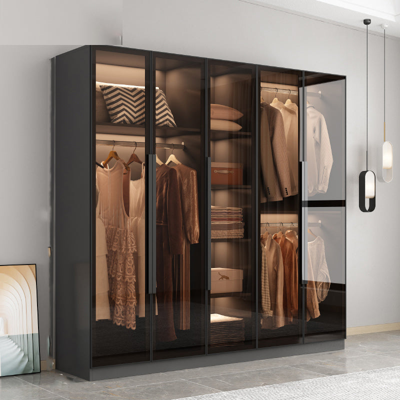 Freestanding Grey Wood Frame Wardrobe Modern Multifunctional Wardrobe with Glass Doors