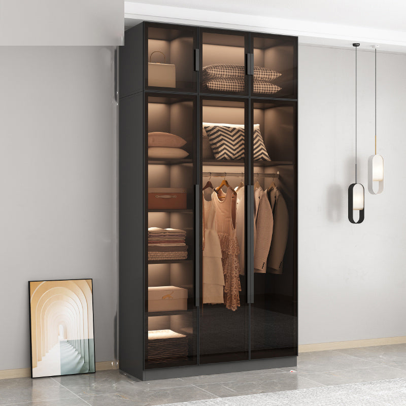 Freestanding Grey Wood Frame Wardrobe Modern Multifunctional Wardrobe with Glass Doors