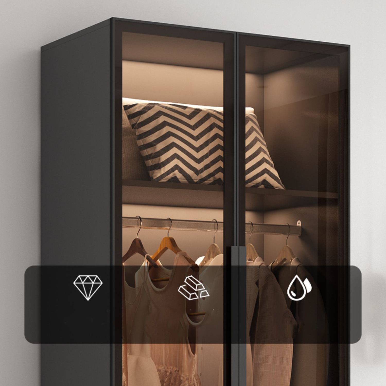 Freestanding Grey Wood Frame Wardrobe Modern Multifunctional Wardrobe with Glass Doors