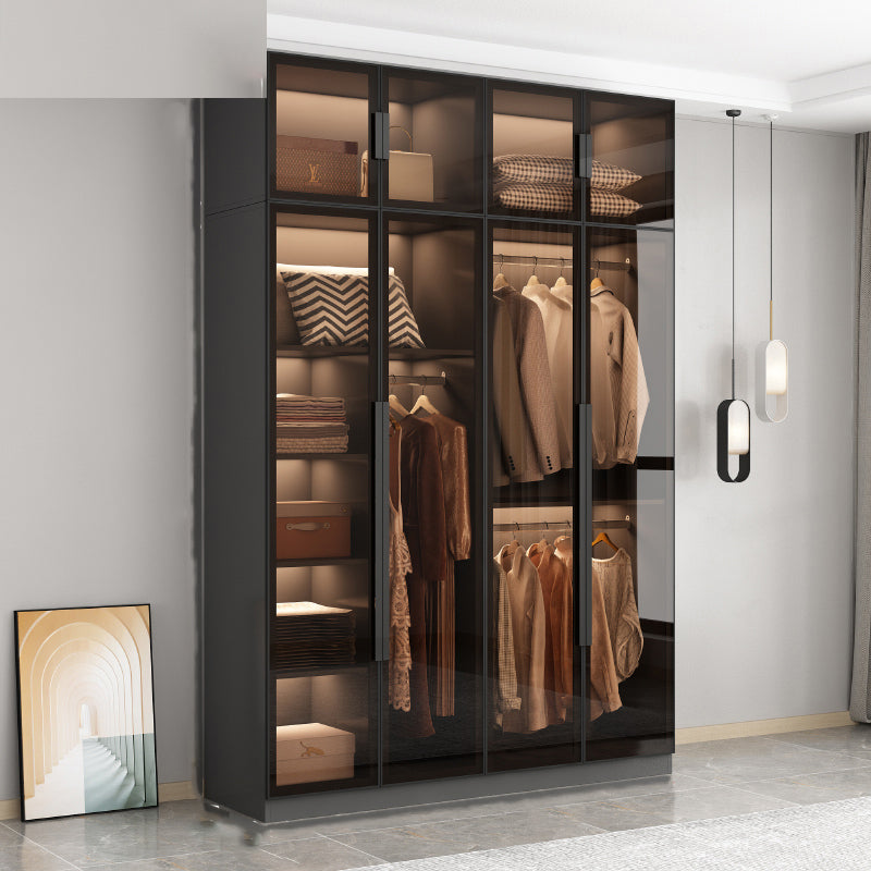 Freestanding Grey Wood Frame Wardrobe Modern Multifunctional Wardrobe with Glass Doors
