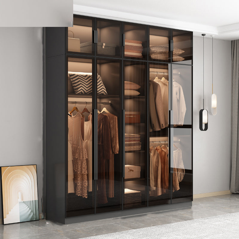 Freestanding Grey Wood Frame Wardrobe Modern Multifunctional Wardrobe with Glass Doors