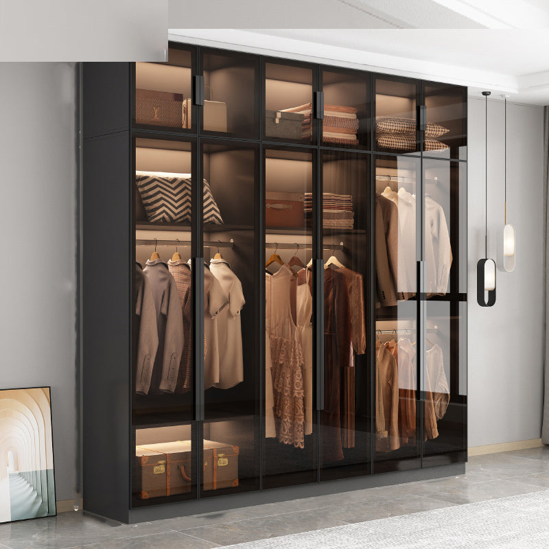 Freestanding Grey Wood Frame Wardrobe Modern Multifunctional Wardrobe with Glass Doors