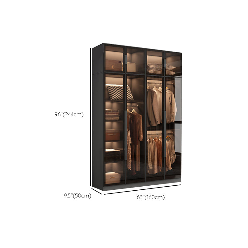 Freestanding Grey Wood Frame Wardrobe Modern Multifunctional Wardrobe with Glass Doors