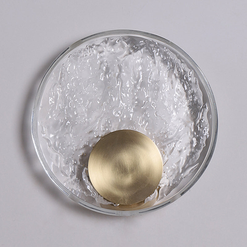 Solid Brass and Crystal Wall Sconce Contemporary Round Wall Light in Gold & Clear