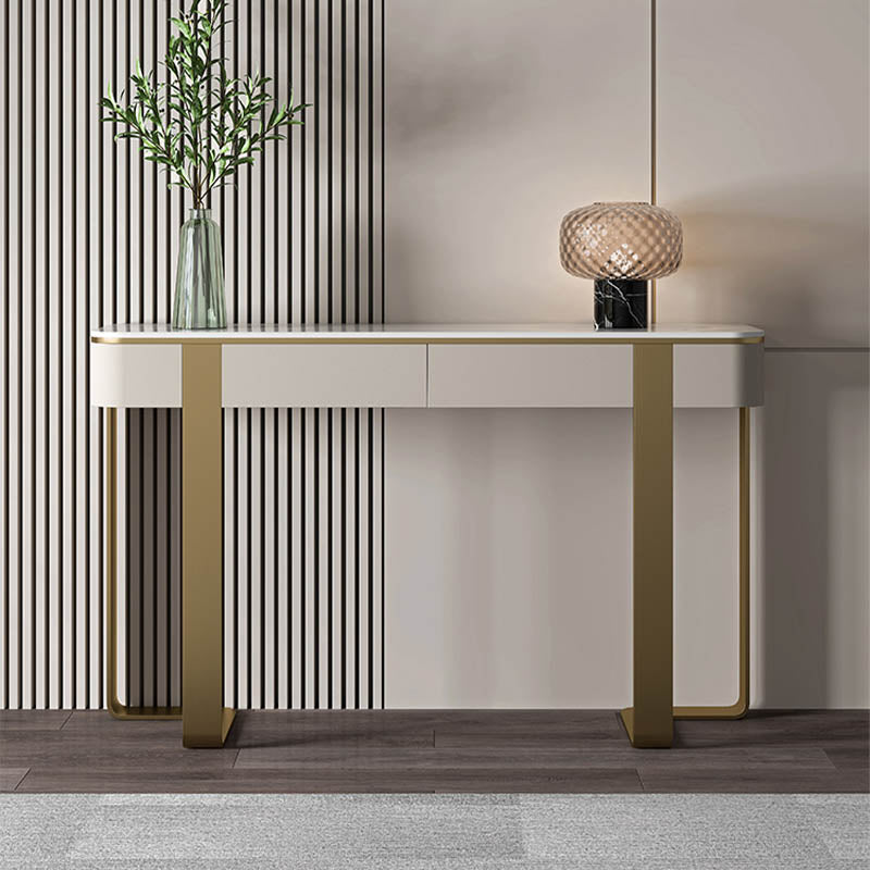 Modern Rectangular Console Table Stone Console Sofa Table in Grey/Gold