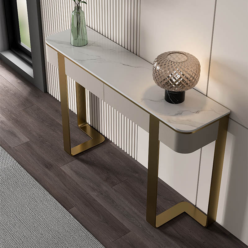 Modern Rectangular Console Table Stone Console Sofa Table in Grey/Gold