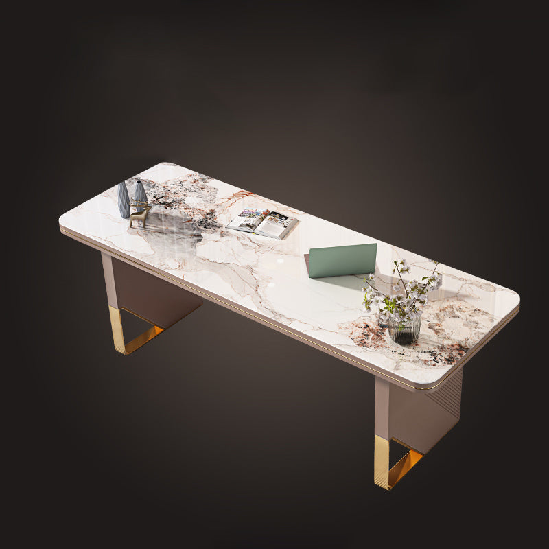 Rectangular Shaped Stone Office Desk 2 Legs Writing Desk in Brown