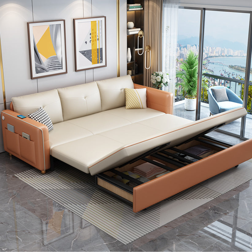 Modern Sleeper Sofa White with Storage Pillow Back Square Arms Sofa Futon