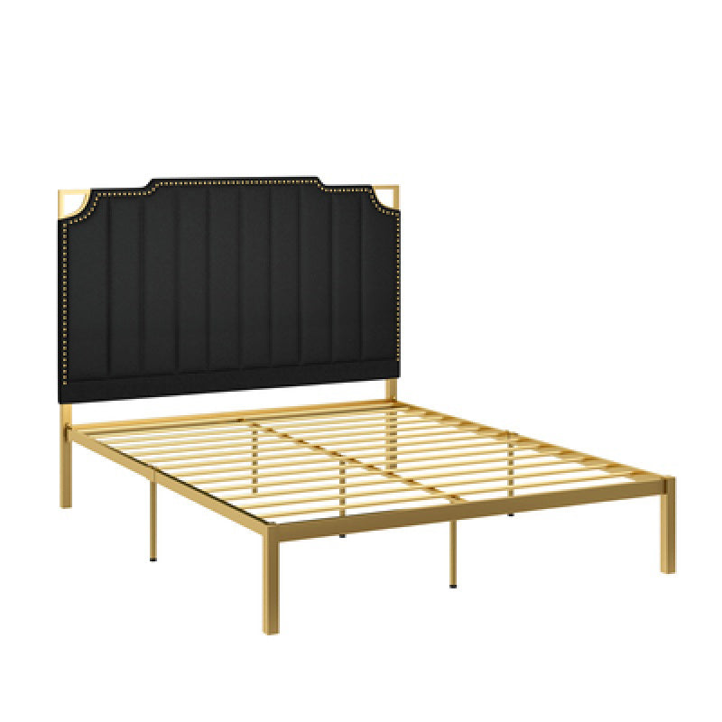 Contemporary Leather Bed Beige Upholstered Bed Frame with Nailhead Trim