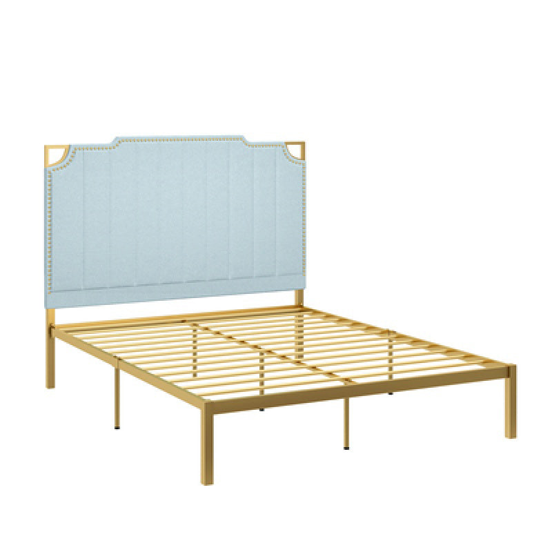 Contemporary Leather Bed Beige Upholstered Bed Frame with Nailhead Trim