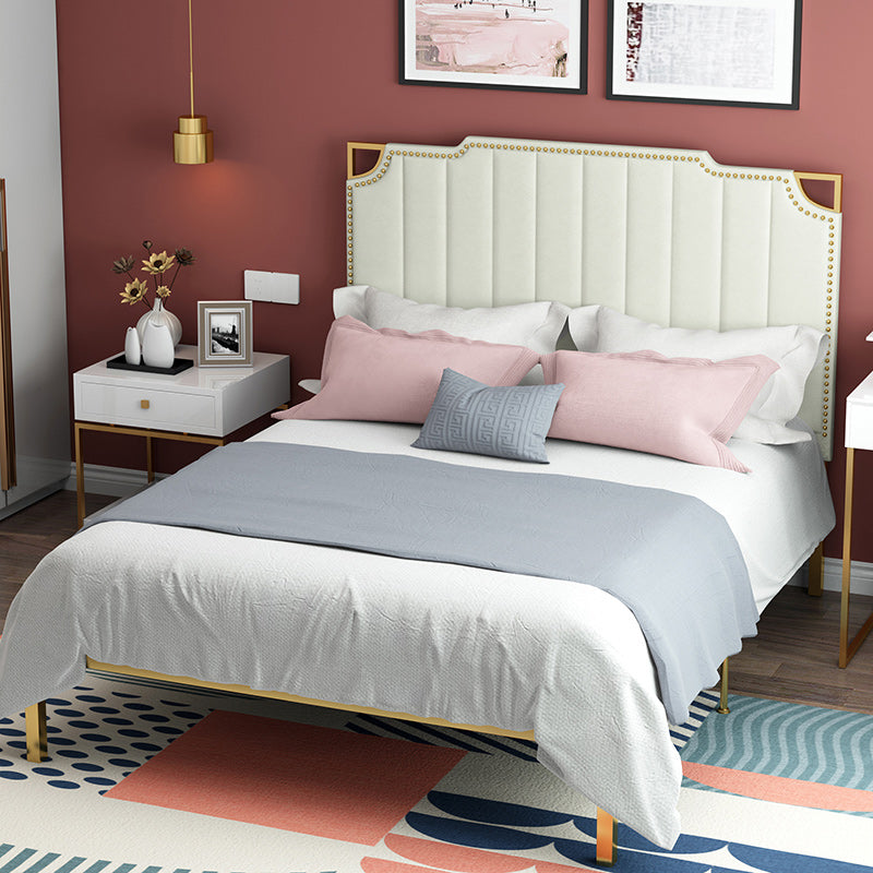 Contemporary Leather Bed Beige Upholstered Bed Frame with Nailhead Trim