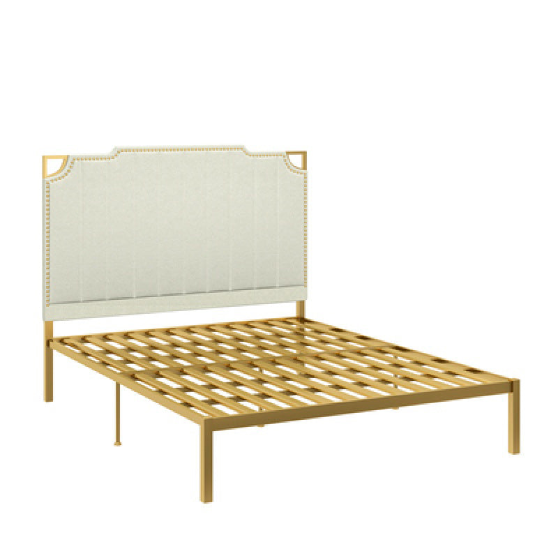 Contemporary Leather Bed Beige Upholstered Bed Frame with Nailhead Trim