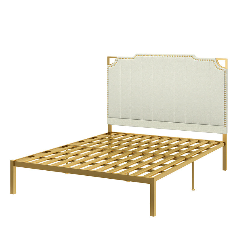 Contemporary Leather Bed Beige Upholstered Bed Frame with Nailhead Trim