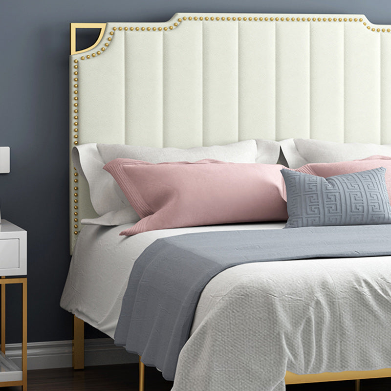 Contemporary Leather Bed Beige Upholstered Bed Frame with Nailhead Trim