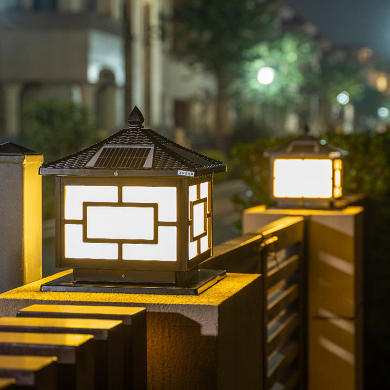 Contemporary Metal Pillar Lamp Square Shape Outdoor Waterproof Light with Acrylic Shade