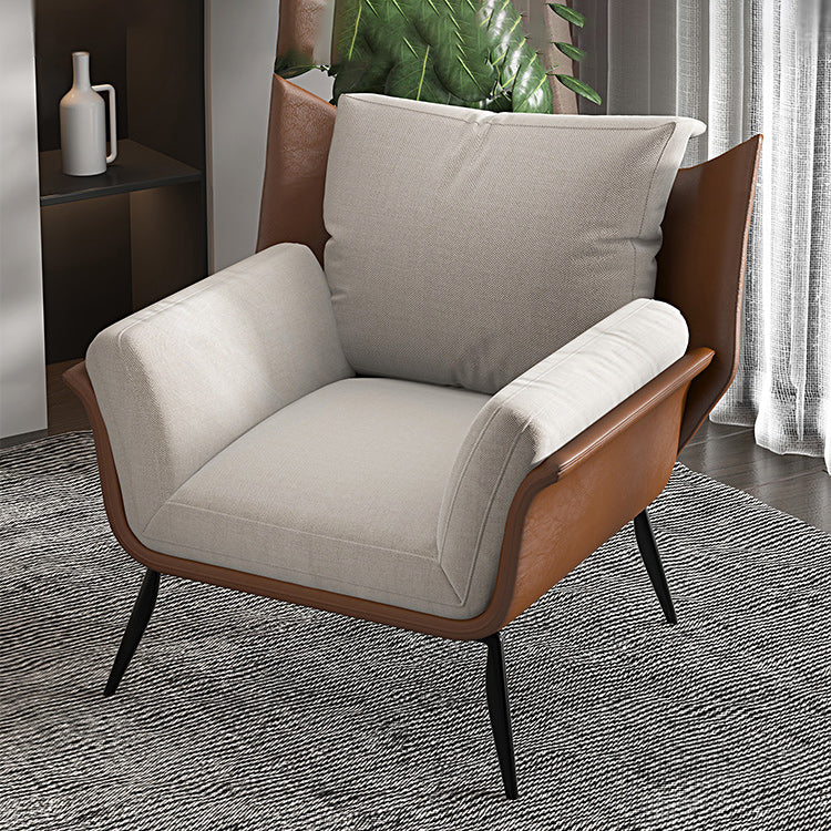 Contemporary Fabric Armrest Cushioned Against Brown Arm Chair