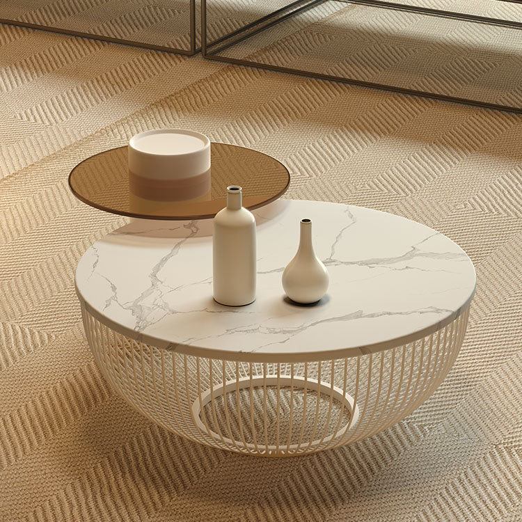 Modern Round Drum Coffee Table Metal Cocktail Table in White