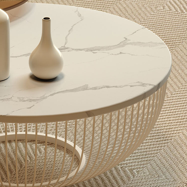 Modern Round Drum Coffee Table Metal Cocktail Table in White