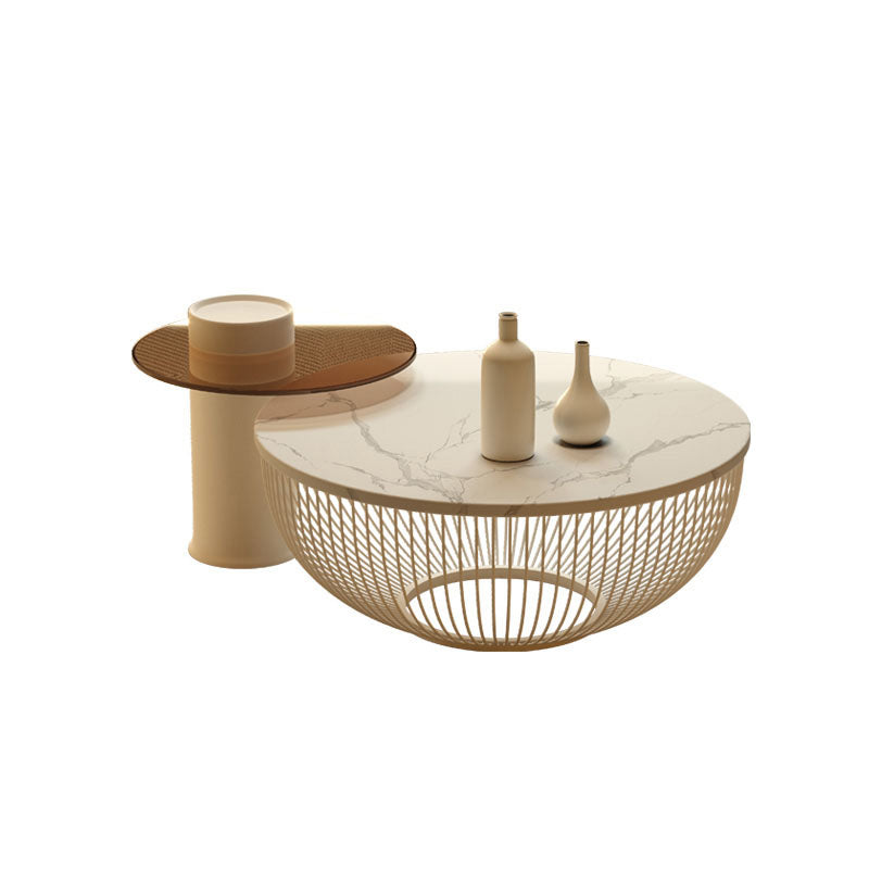 Modern Round Drum Coffee Table Metal Cocktail Table in White