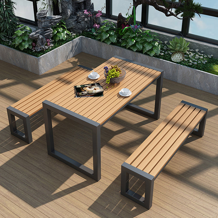 Industrial Rectangle Patio Dining Table 3 PCS Wood Dining Set with Bench