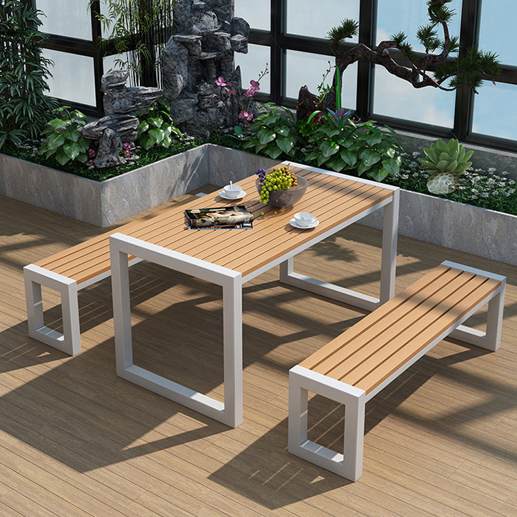 Industrial Rectangle Patio Dining Table 3 PCS Wood Dining Set with Bench